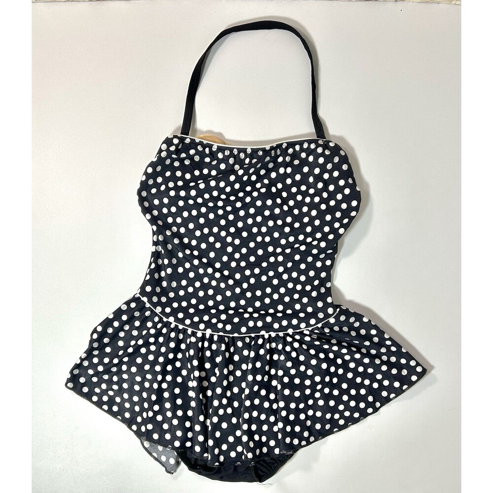 Vtg One Piece Swimsuit Sirena Size 12 Polka Dot Black Removable Straps Made USA